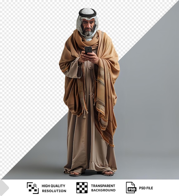 PSD modern middle east statue of a man with a gray beard and black hand holding a cell phone standing in front of a gray and white wall with a brown foot visible in the png psd