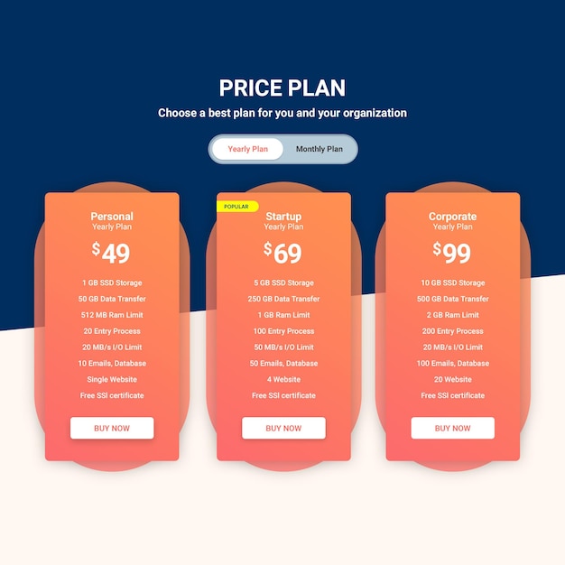 modern minimal pricing table template for user interface