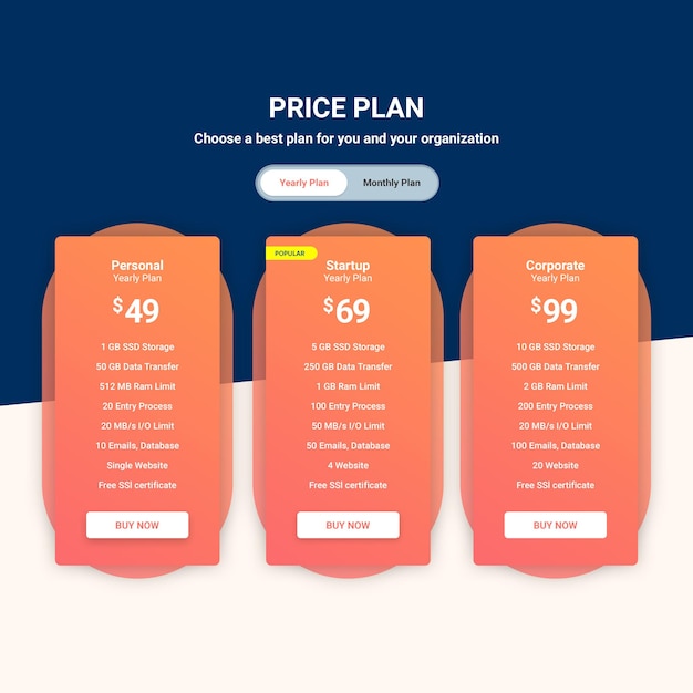 PSD modern minimal pricing table template for user interface