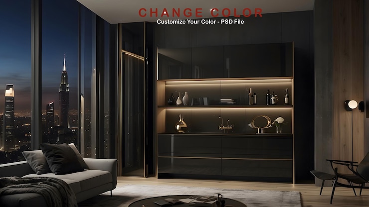 PSD modern minimalist black living room interior design with cabinet black and white color theme elegan