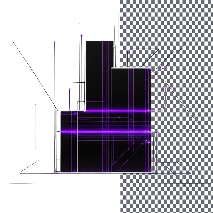 PSD modern minimalist building icon with circuit lines isolated on transparent background