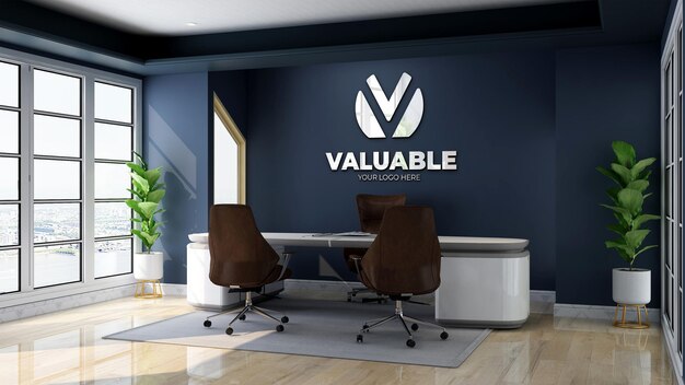 PSD modern and minimalist business office manager room wall logo mockup