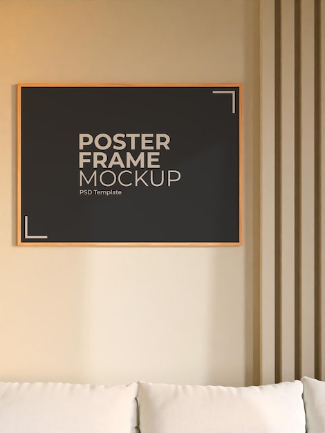 Mockup di poster o cornice in legno orizzontale moderno e minimalista sulla parete del soggiorno Psd Premium