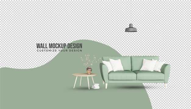 Modern minimalist interior with sofa on empty white wall background