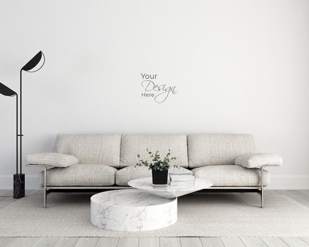 PSD modern minimalist living room with plant mockup wall