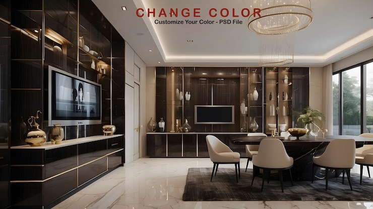 PSD modern minimalist luxury living room interior design dark color theme home decor living room with