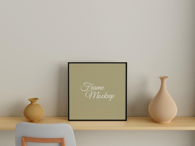 Modern and minimalist square black poster or photo frame mockup on the wall in the living room