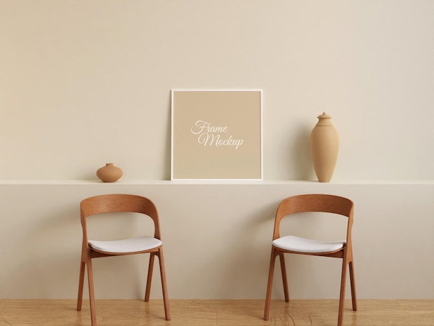 PSD modern and minimalist square white poster or photo frame mockup on the wall in the living room