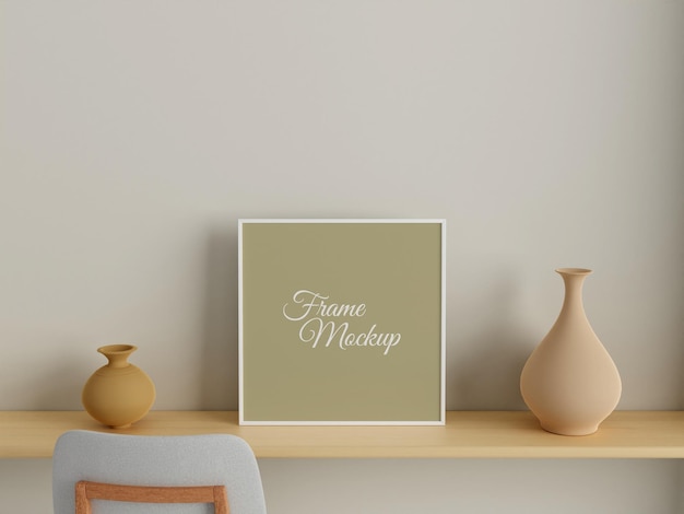 PSD modern and minimalist square white poster or photo frame mockup on the wall in the living room