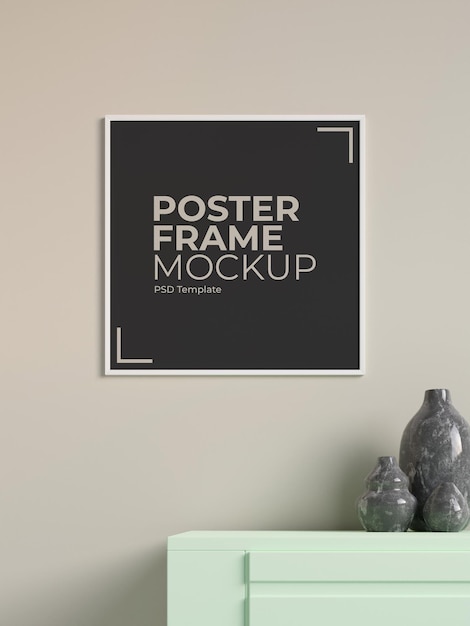 Modern and minimalist square white poster or photo frame mockup on the wall in the living room