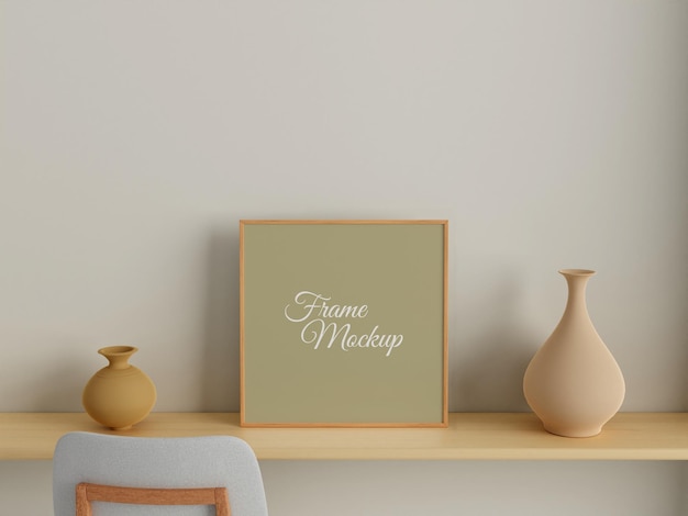 Modern and minimalist square wooden poster or photo frame mockup on the wall in the living room