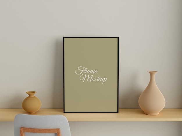 Modern and minimalist vertical black poster or photo frame mockup on the wall in the living room