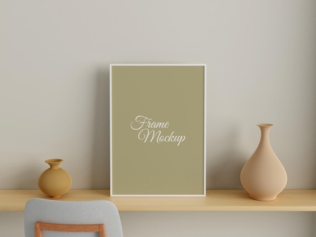 Modern and minimalist vertical white poster or photo frame mockup on the wall in the living room