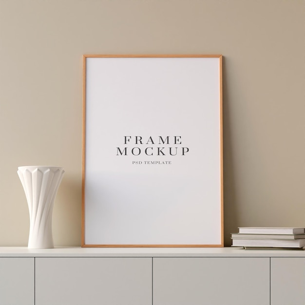 Modern and minimalist vertical wooden poster or photo frame mockup on the table in the living room