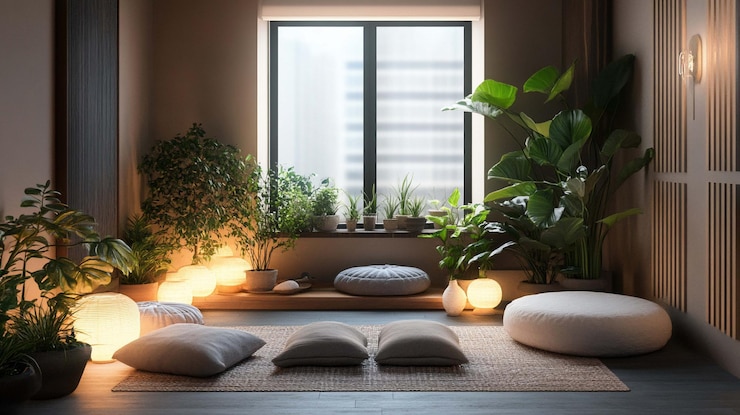 PSD modern minimalist zenlike living room with plants lighting and cushions on a tatami mat floor