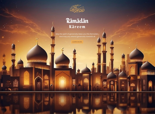 PSD modern mosque city skyline transformed with the colors of ramadan decorations background