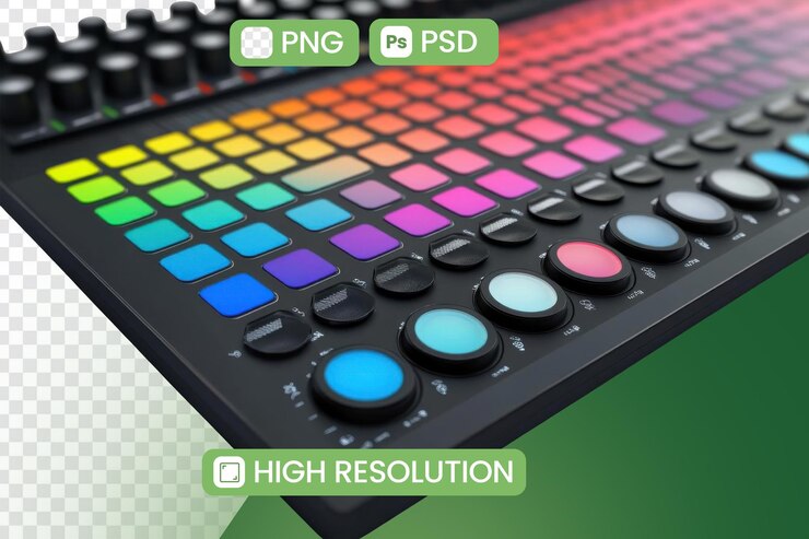 PSD modern music production controller shows colorful pads and knobs with digital audio workstation theme