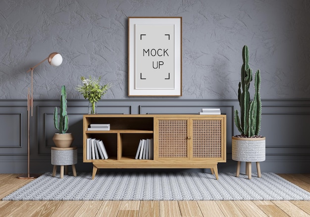 Modern and nordic style interior design ,Wood cabinet and wood chair on gray wall with parque wood flooring