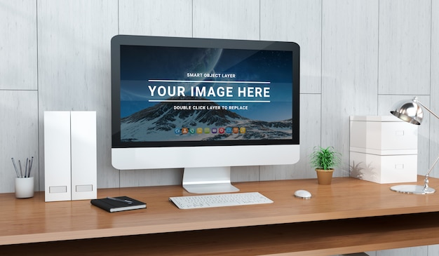 Modern office desktop with computer mockup