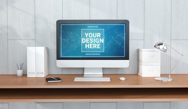 コンピューターモックアップを備えた近代的なオフィスデスクトップ
