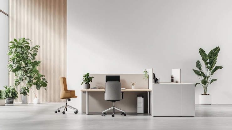 PSD modern office interior design with white walls and minimalist furniture