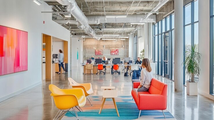 PSD modern office interior with open workspace colorful furniture and large windows