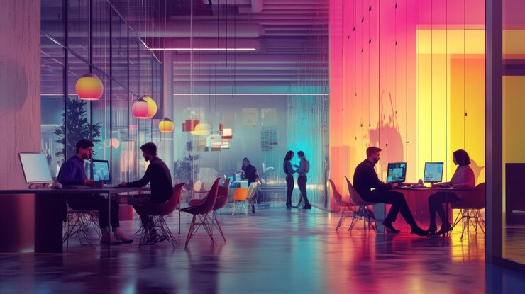PSD modern office at night with diverse team working on computers colorful lighting and vibrant atmosphere