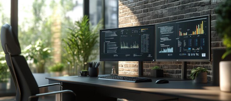 PSD modern office with two monitors displaying data and graphs on a desk with a black leather chair