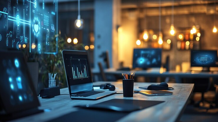 PSD modern office workspace with technology displays
