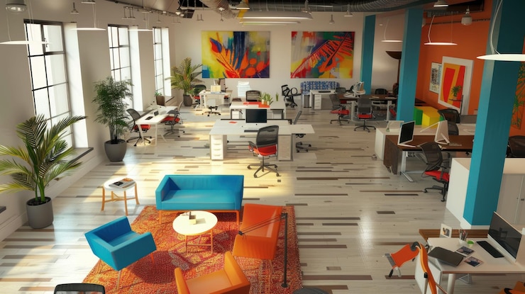 PSD modern open plan office space with colorful decor large windows and a lounge area