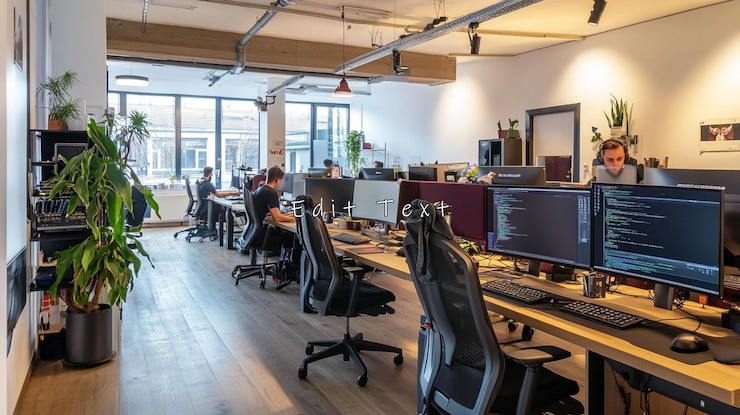 PSD modern openplan office with programmers working at computers