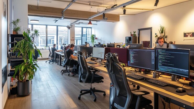PSD modern openplan office with programmers working at computers