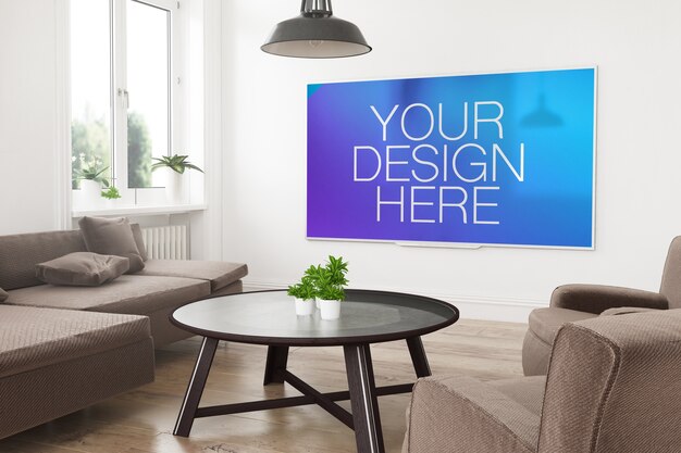 Modern panoramic smart tv mockup on a 3d rendering of living room