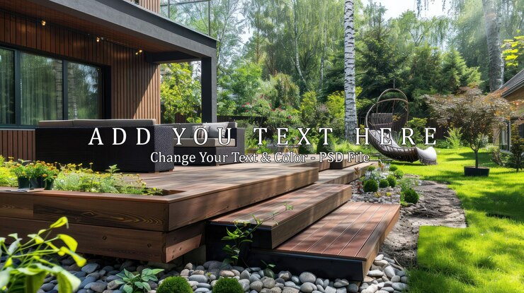 PSD modern patio with wooden deck and lush greenery