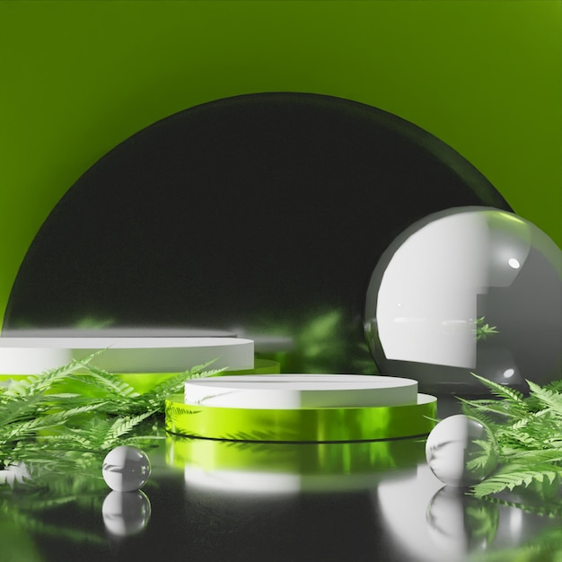 Modern Podium with plants on green background. 3D render podium