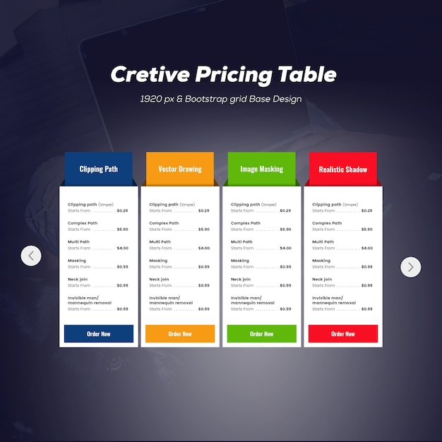 PSD modern pricing table mockup