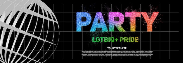 PSD modern pride party banner with glitter text on a black background