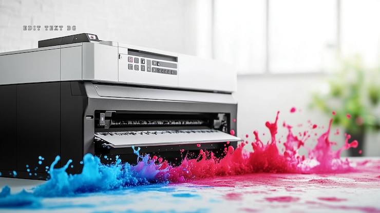 PSD modern printer with vibrant color ink splashes
