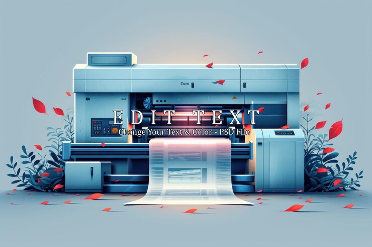 PSD modern printing press with paper roll leaves and light