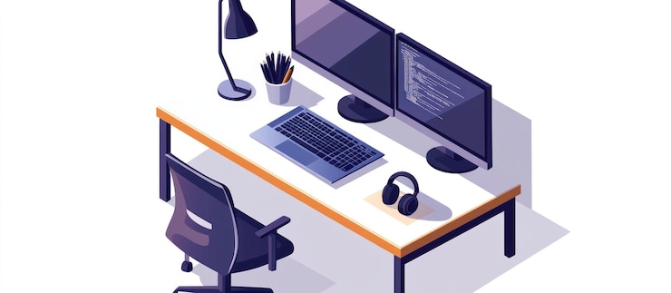 PSD modern programmer workstation with dual monitors keyboard mouse headphones and desk lamp