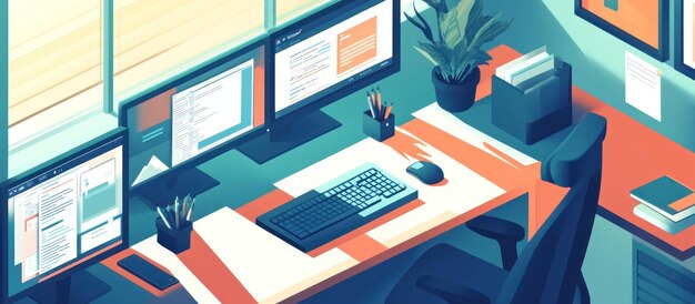 Modern programmers workspace with multiple monitors displaying code ...