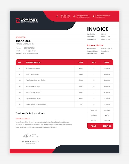 Modern red and black corporate, professional business invoice template