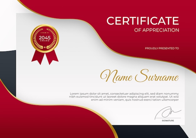 PSD modern red gold certificate of appreciation template suit for award business corporate and education