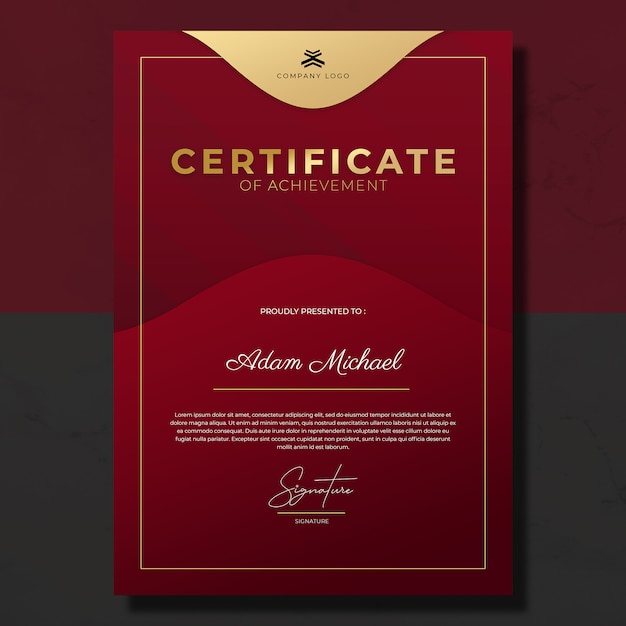 PSD modern red maroon gold certificate of achievement template