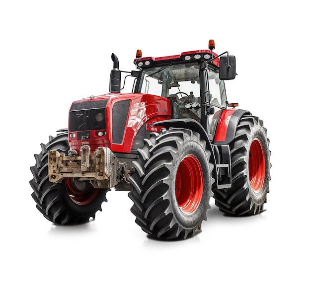 PSD modern red tractor seeding directly into the stubble with red equipment isolated on white background