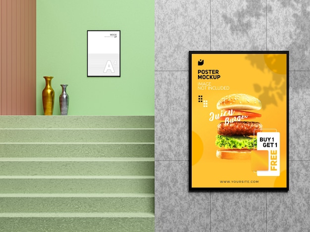 Modern restaurant poster mockup on wall