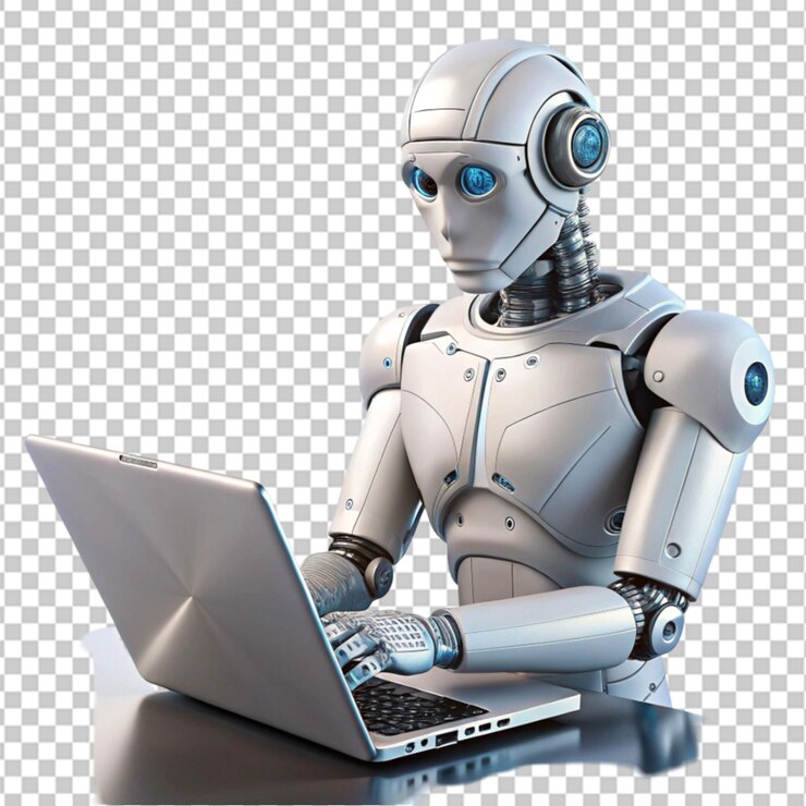 PSD modern robot using laptop on transparent background