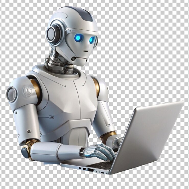 PSD modern robot using laptop on transparent background