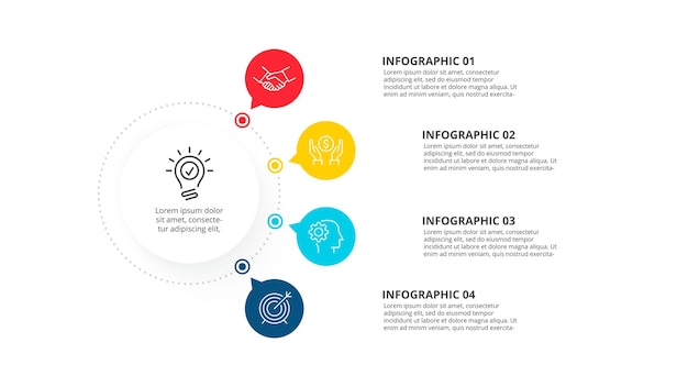 Schema moderno con 4 elementi collegati al modello di progettazione infografica del cerchio principale