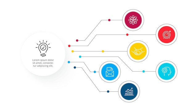 Modern scheme with 6 elements connected to main circle infographic design template